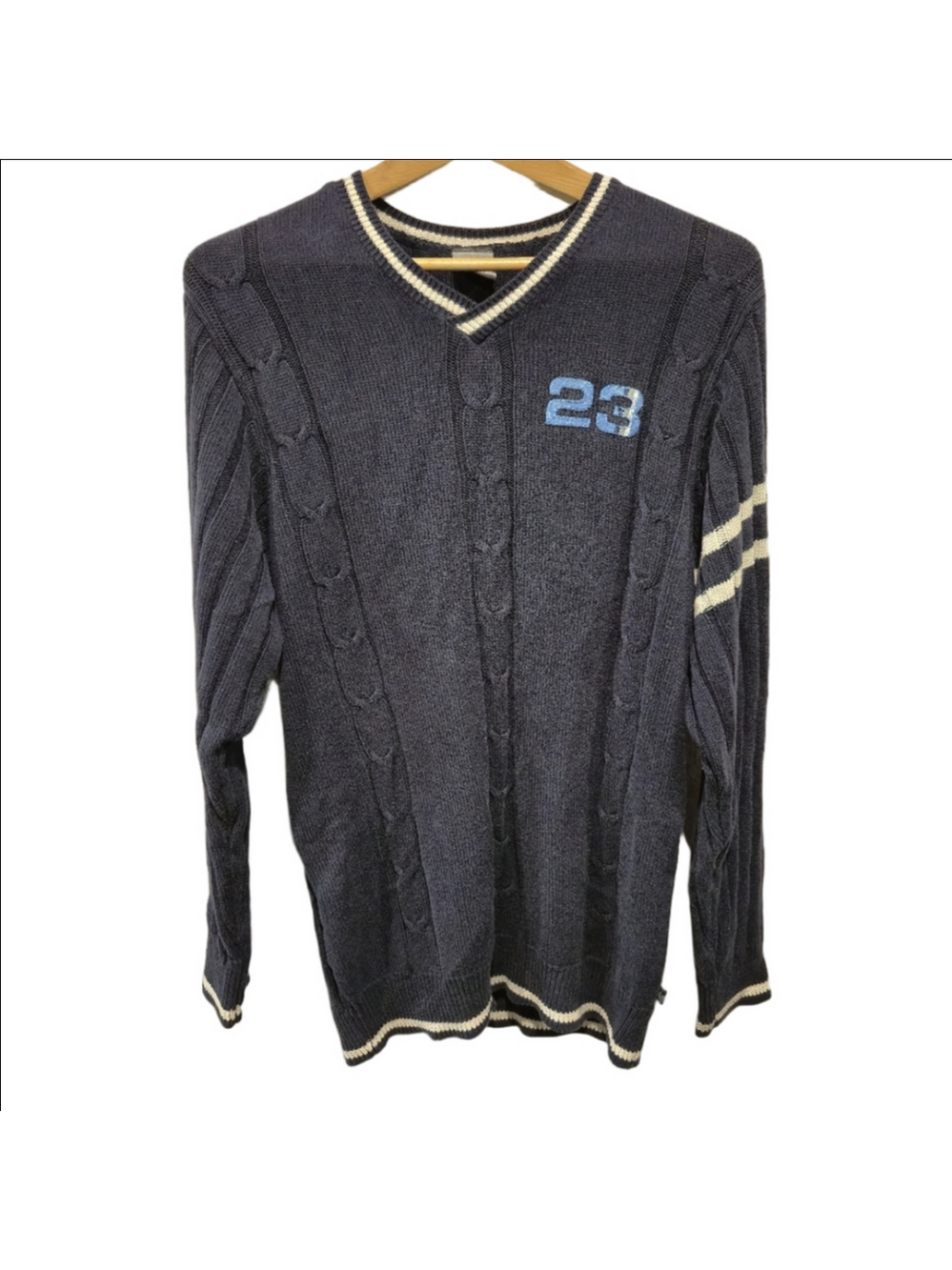 Air Jordan Vintage Navy V-Neck Cable Knit Sweater Embroidered Script
